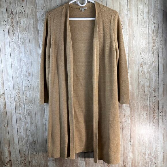 Talbots Sweater Cardigan Womens 0X Tan Gold Metallic Open Front‎ Cotton Blend - Picture 1 of 7